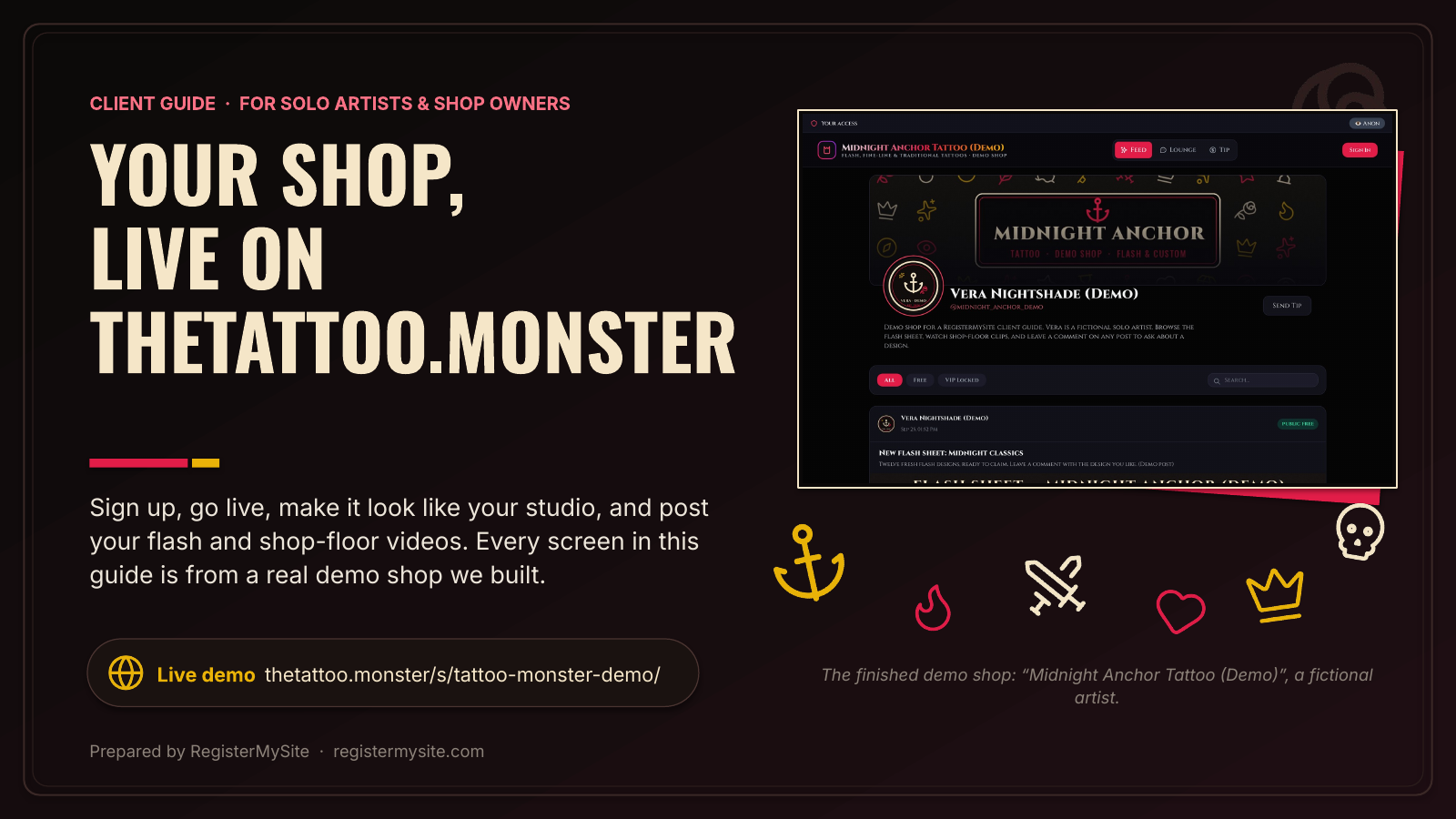 Slide 1 of 19: Your shop, live on thetattoo.monster — Title slide with the finished demo shop.