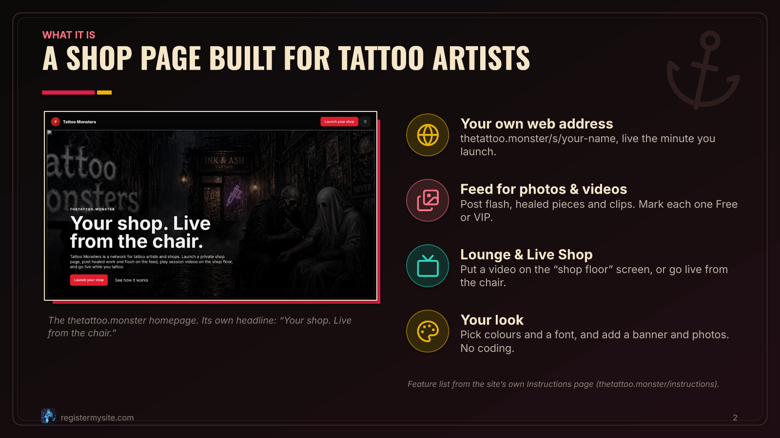 Slide 2 of 19: What thetattoo.monster is — A shop page for tattoo artists: web address, feed, lounge and custom look.