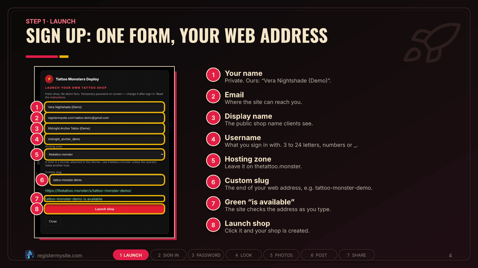 Slide 4 of 19: Sign up — The Launch your shop form, field by field.