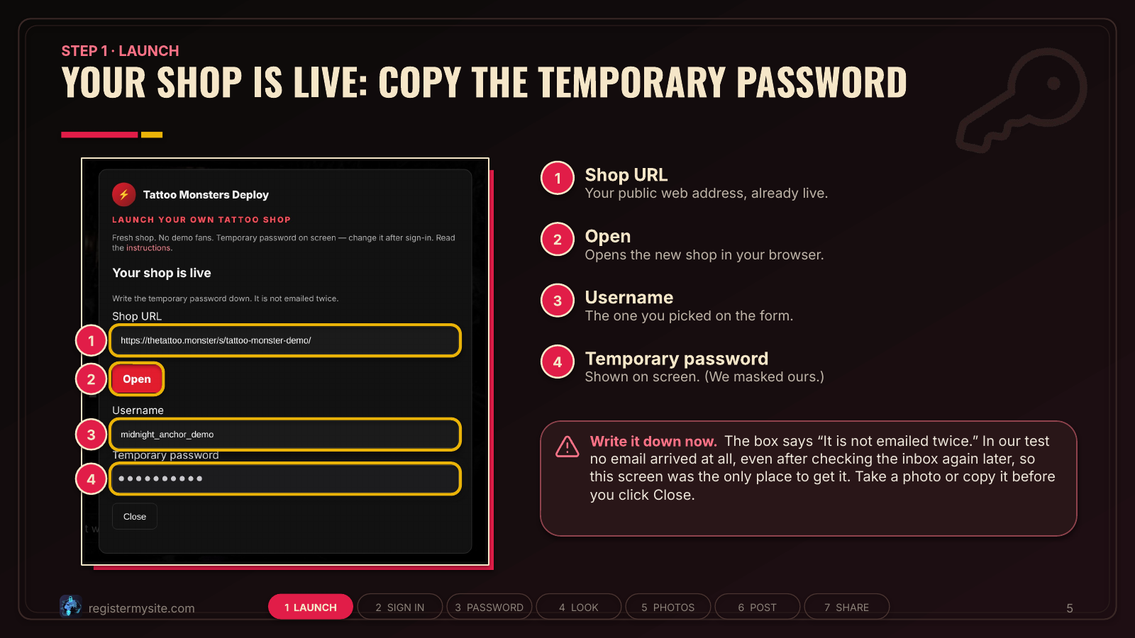 Slide 5 of 19: Shop is live + temporary password — Result screen: URL, Open, username and a one-time temporary password.