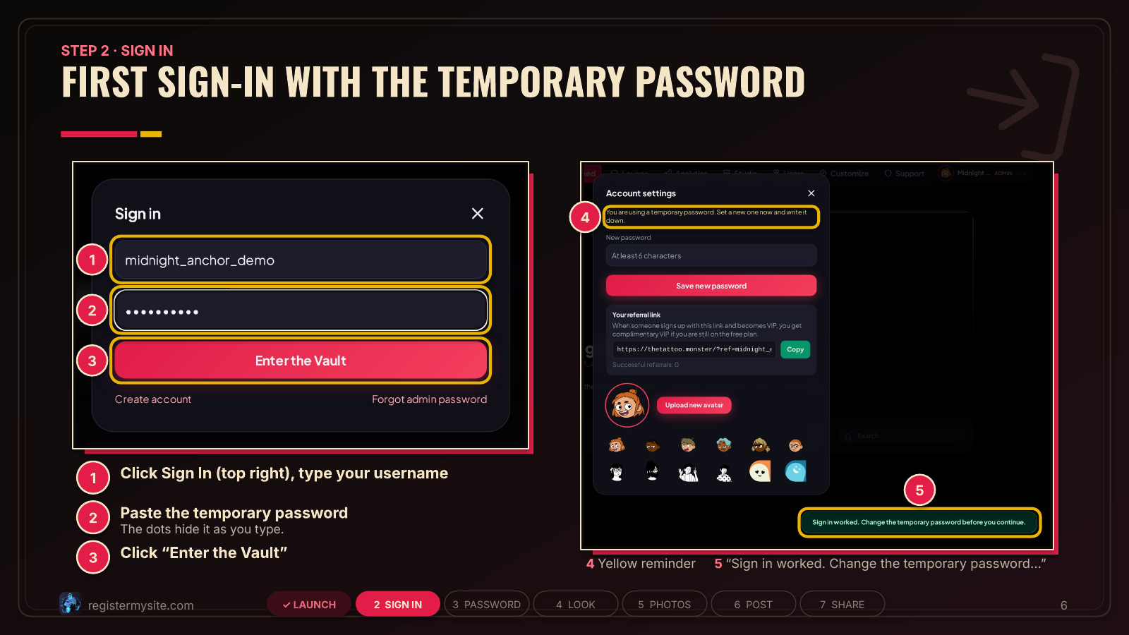 Slide 6 of 19: First sign-in — Sign in with username + temporary password; the site asks you to change it.