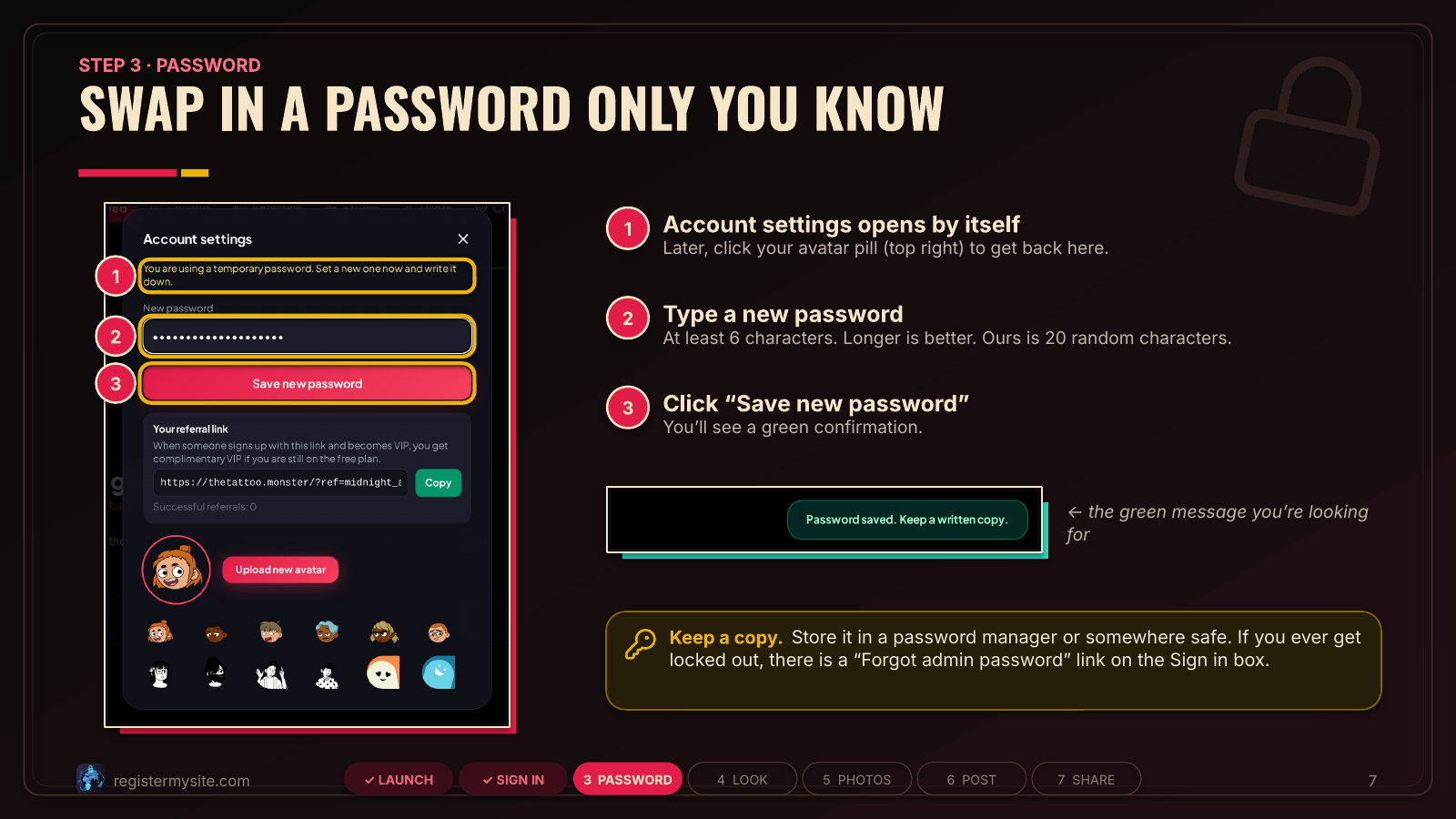 Slide 7 of 19: Change the password — Set a new password in Account settings and save.