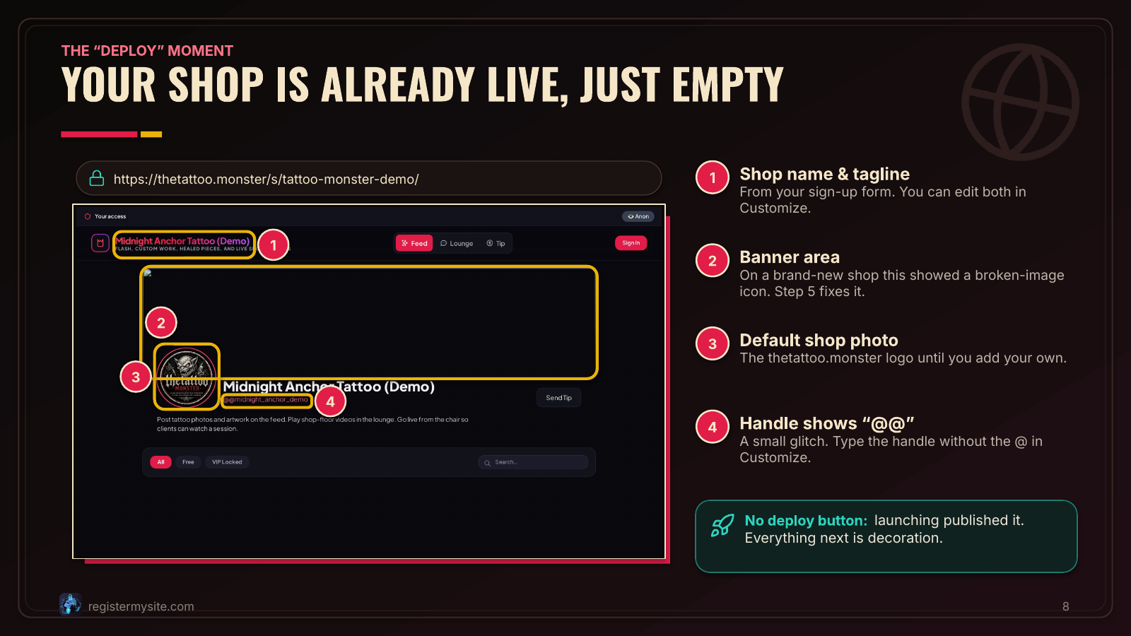 Slide 8 of 19: Deploy the show — The shop is public from launch; this is the empty starting point.