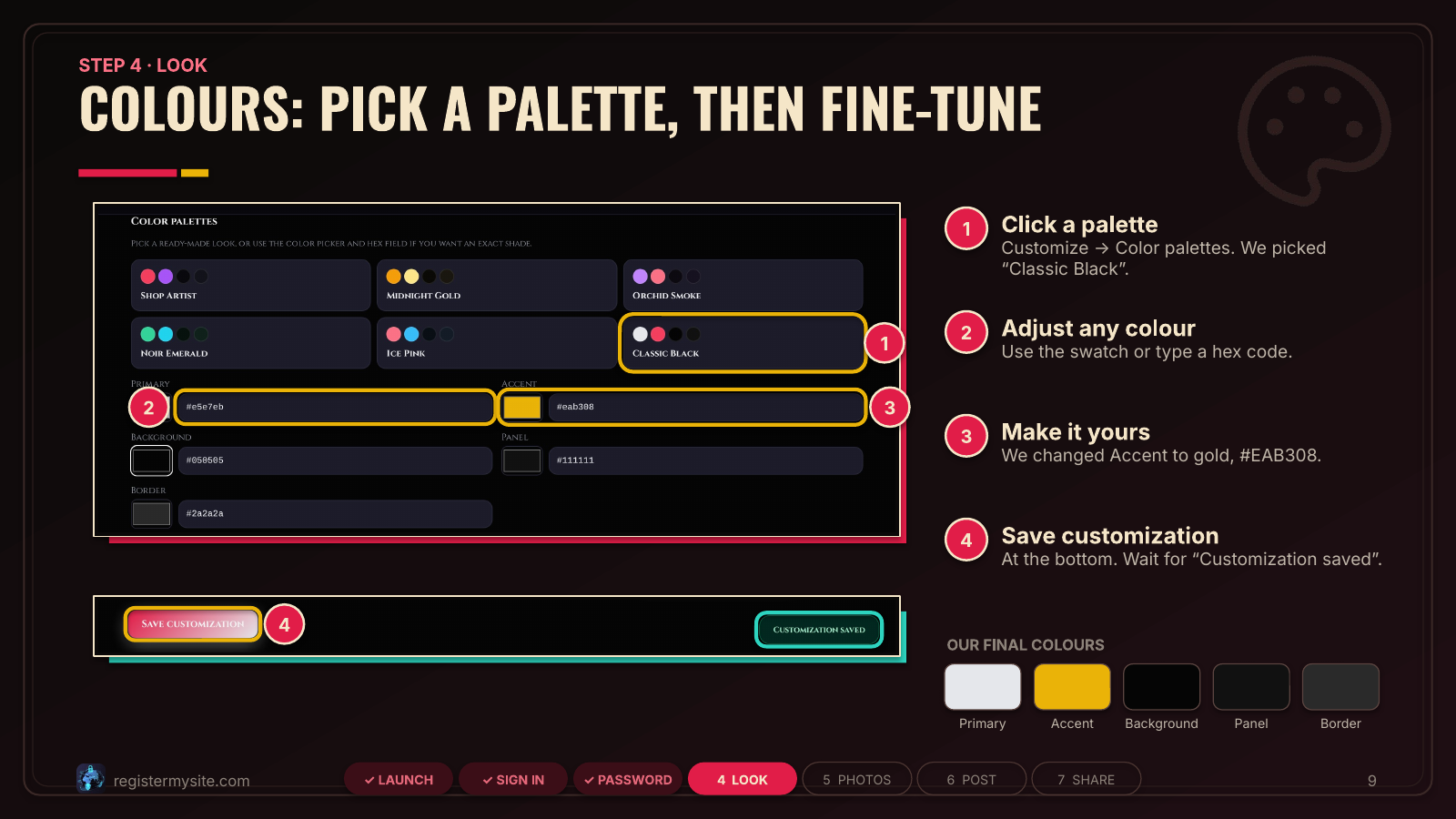 Slide 9 of 19: Colours — Palette, individual colours, and Save customization.