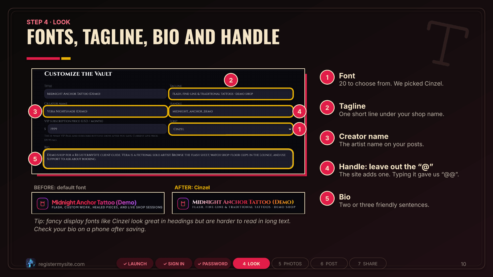 Slide 10 of 19: Fonts and profile text — Font dropdown, tagline, creator name, handle, bio.