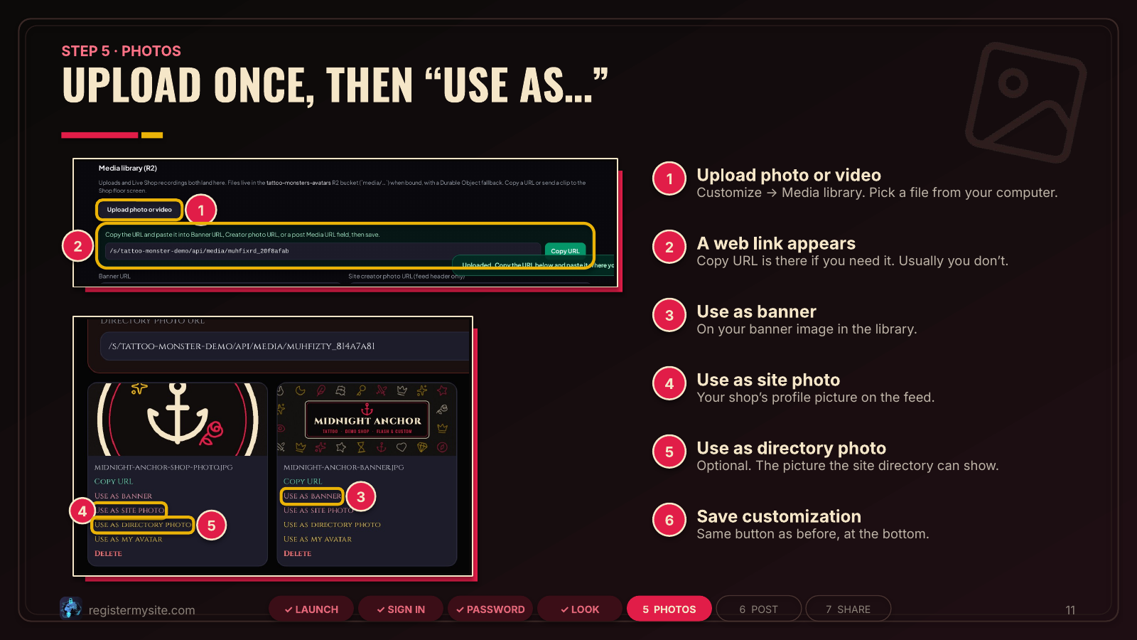Slide 11 of 19: Media library — Upload images in Customize → Media library, then apply them with Use as buttons.