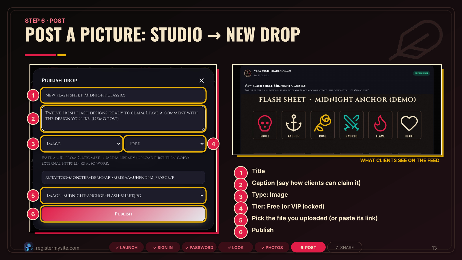 Slide 13 of 19: Posting a picture — Studio → New drop: title, caption, Image, Free, pick file, Publish.
