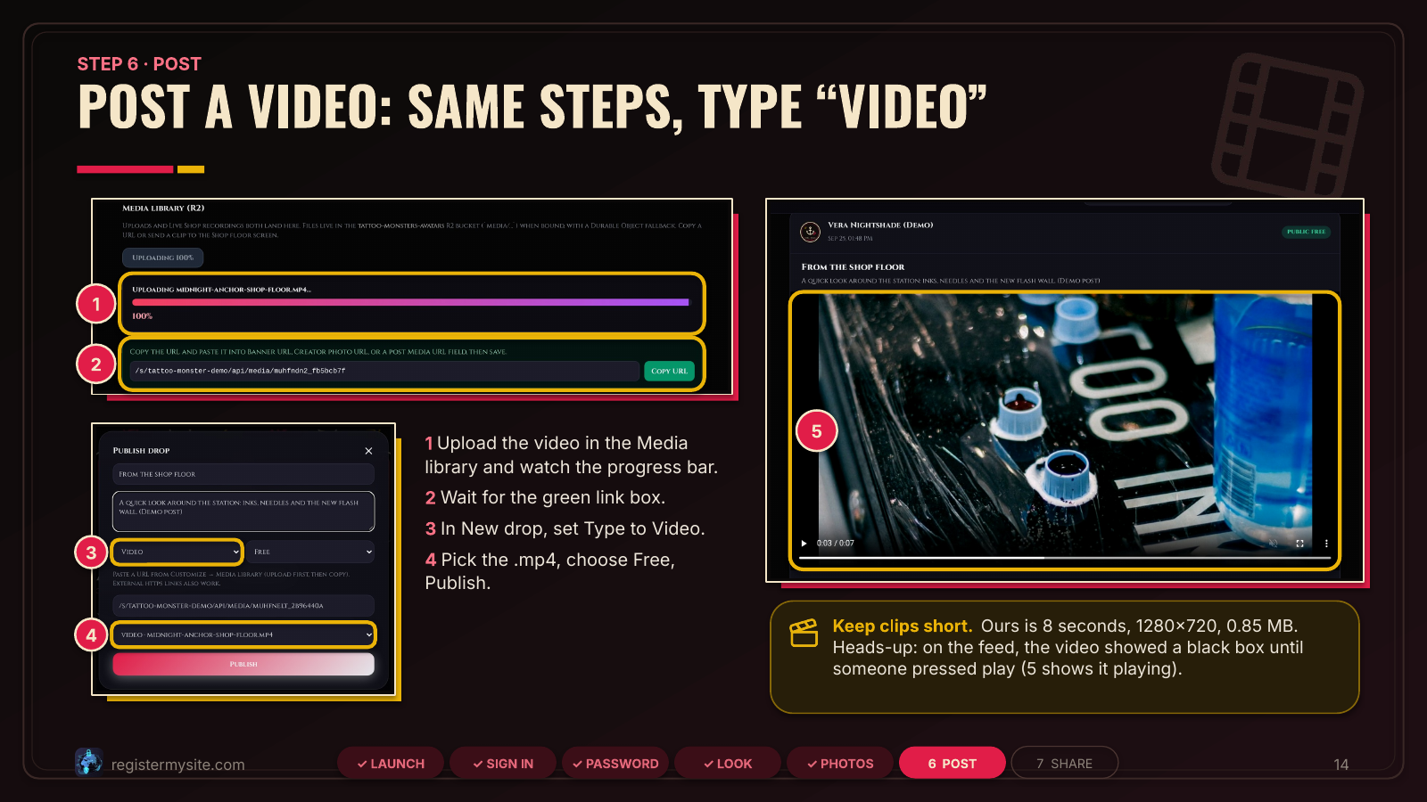 Slide 14 of 19: Posting a video — Upload an MP4 in the Media library, then New drop with type Video.