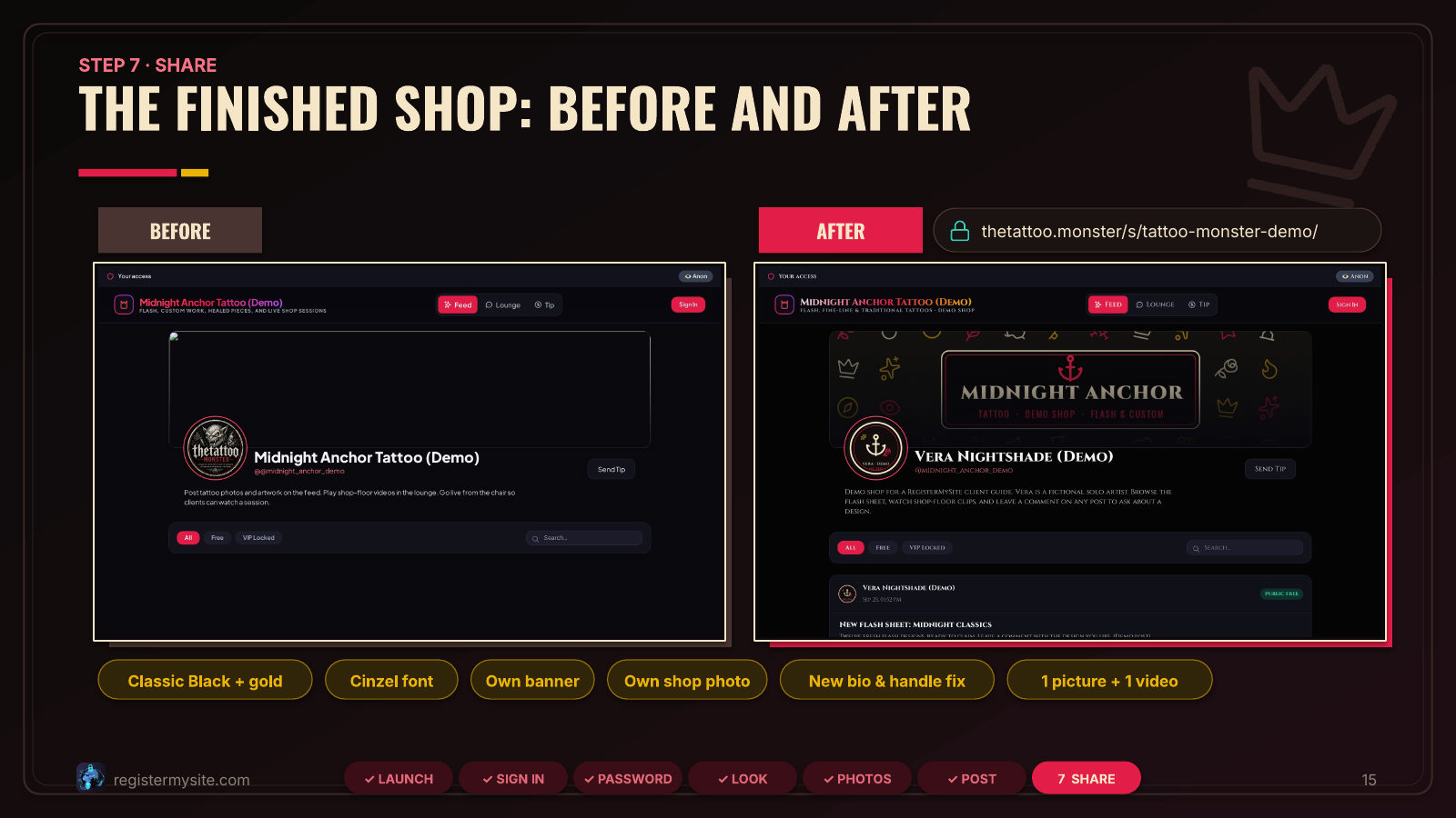 Slide 15 of 19: Before and after — Side-by-side of the brand-new shop and the finished demo.