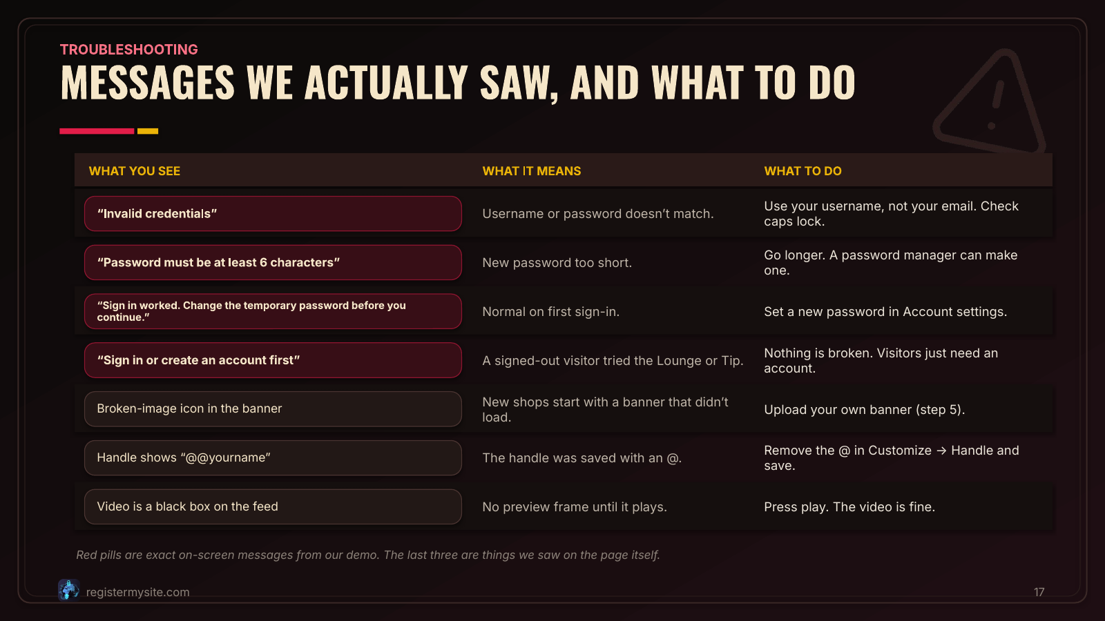 Slide 17 of 19: Troubleshooting — Real messages from the demo with meaning and fix.